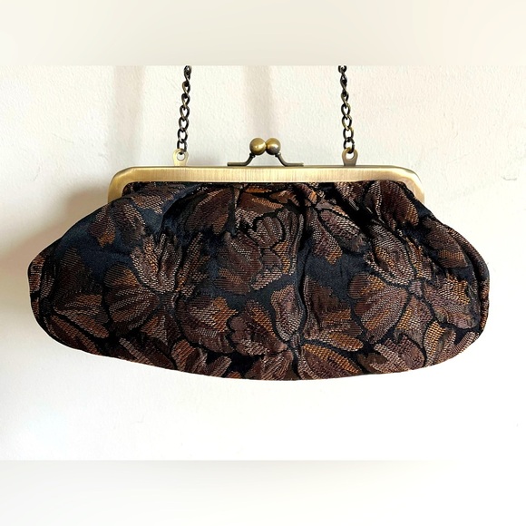 Joan Rivers Classics Kiss Lock Brown Bronze Floral Evening Shoulder Purse - Picture 1 of 12